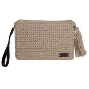 bolso de ganchillo beige grande con cremallera, borla y asa de piel marrón