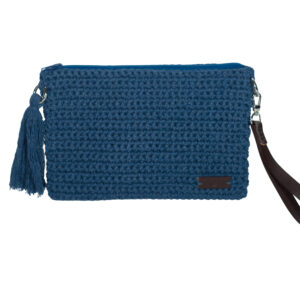 bolso de ganchillo azul vaquero grande con cremallera, borla y asa de piel marrón
