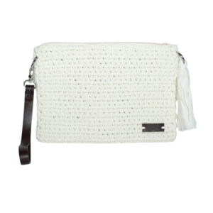 bolso de ganchillo blanco grande con cremallera, borla y asa de piel marrón