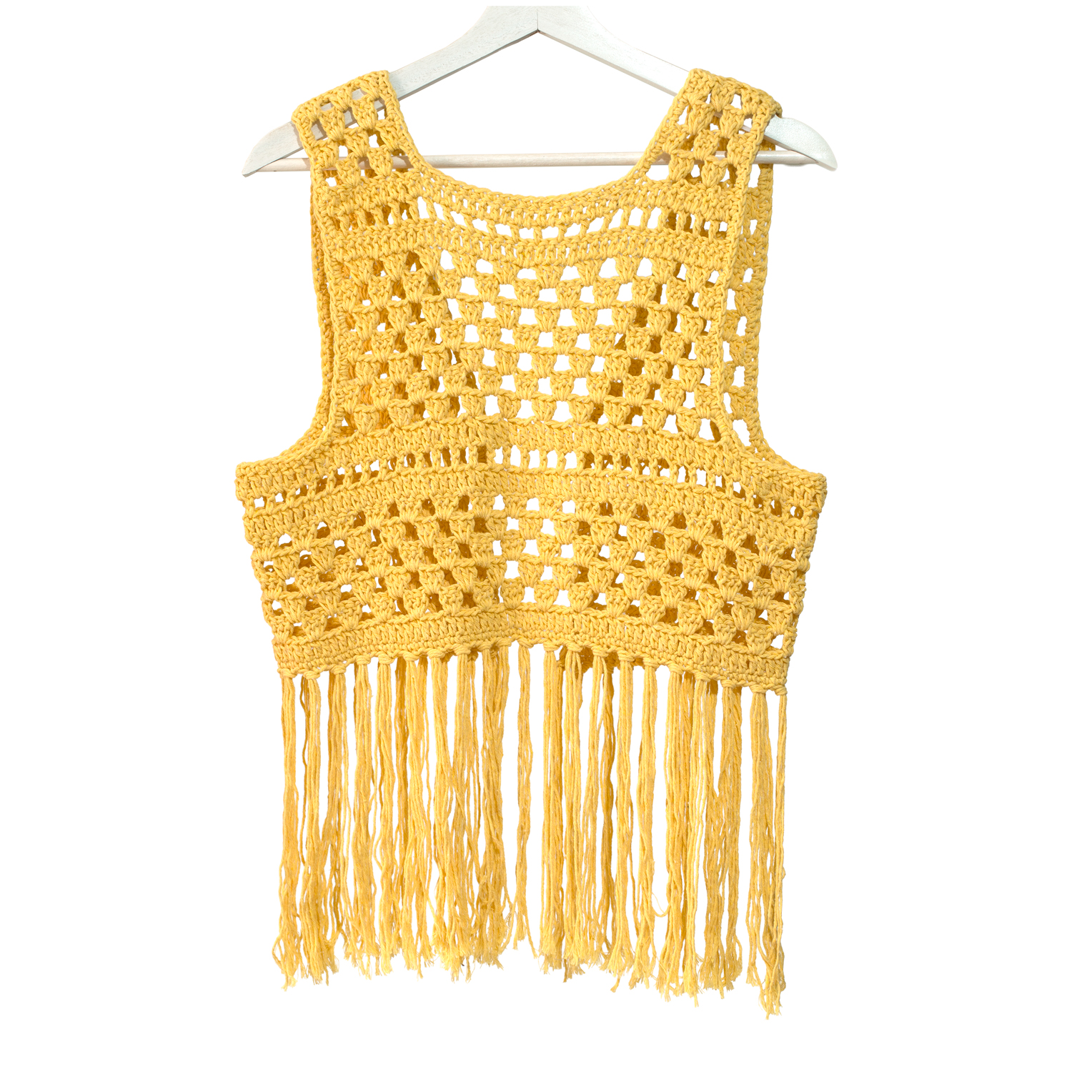 chaleco artesanal amarillo con flecos colección bruma