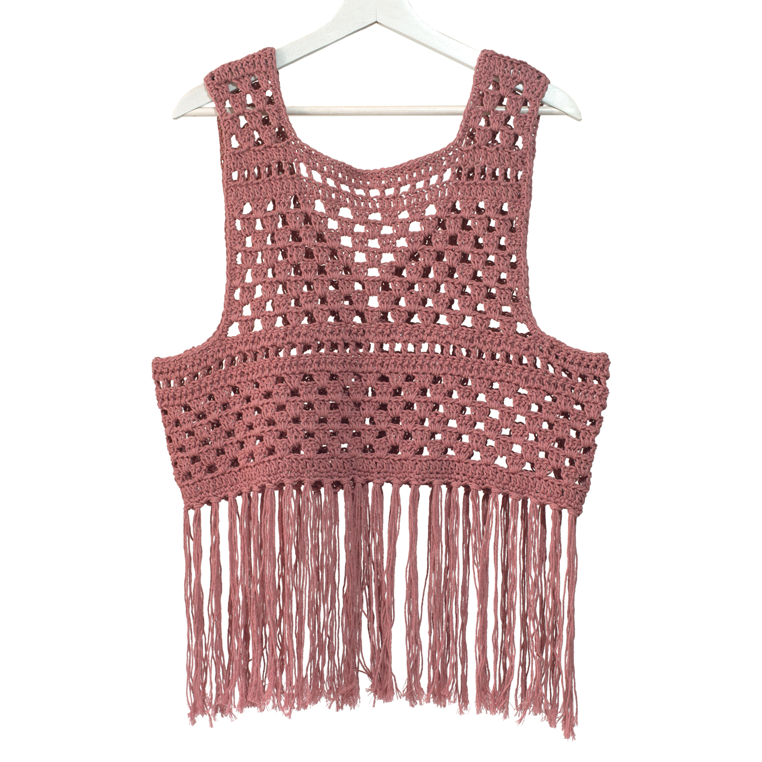 chaleco boho rosa empolvado tejido a mano con flecos largos